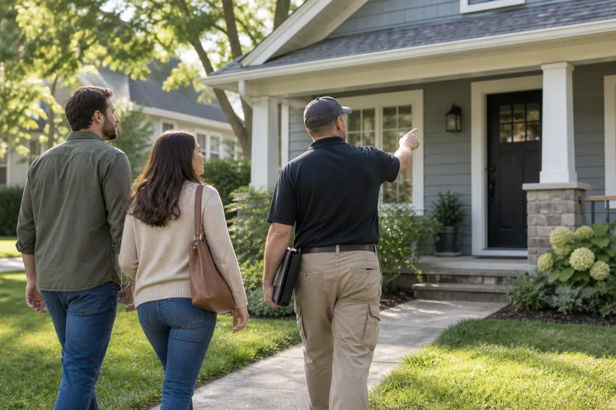 Homebuyers approaching a house with an independent inspector
