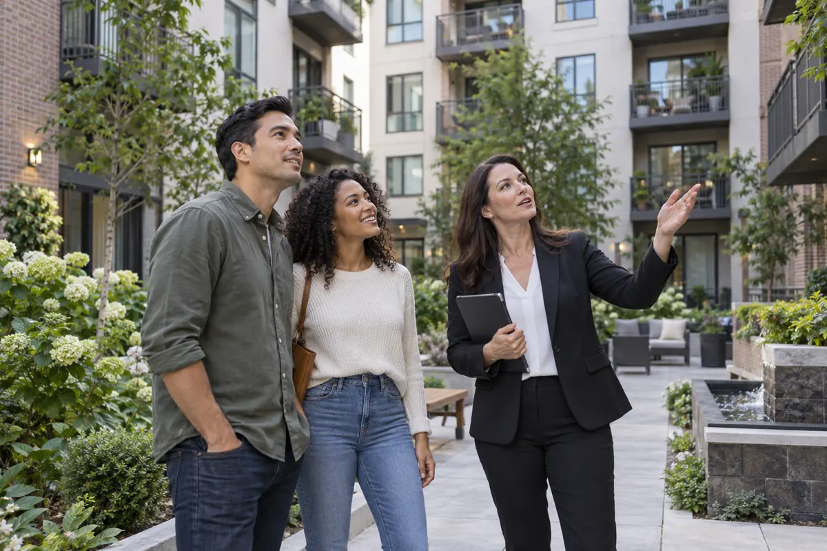 Prospective buyers examining a condominium common area