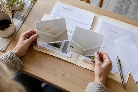 Homeowner organizing repair invoices and past damage photographs