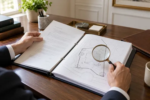 Profesional de cierre examinando escritura y plano de parcela