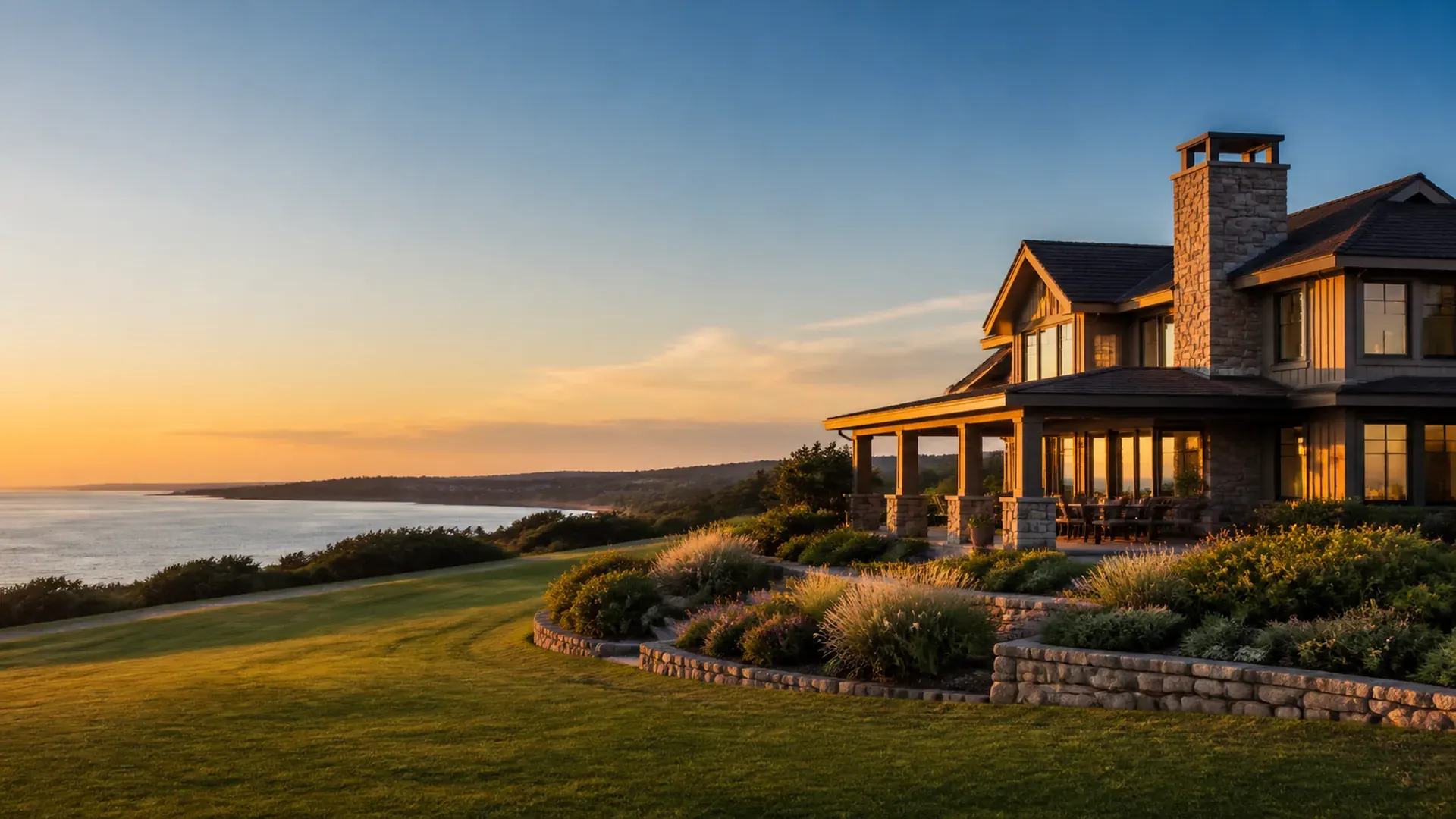 American coastal home at sunset
