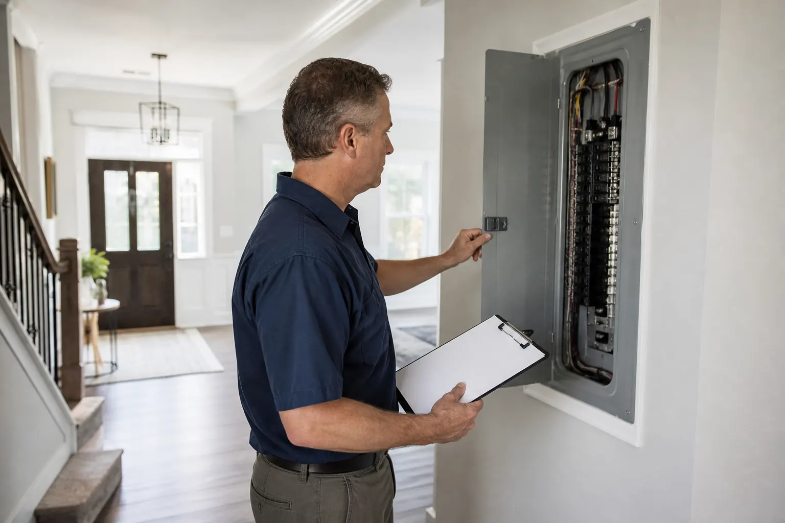 Home inspector checking an electrical panel