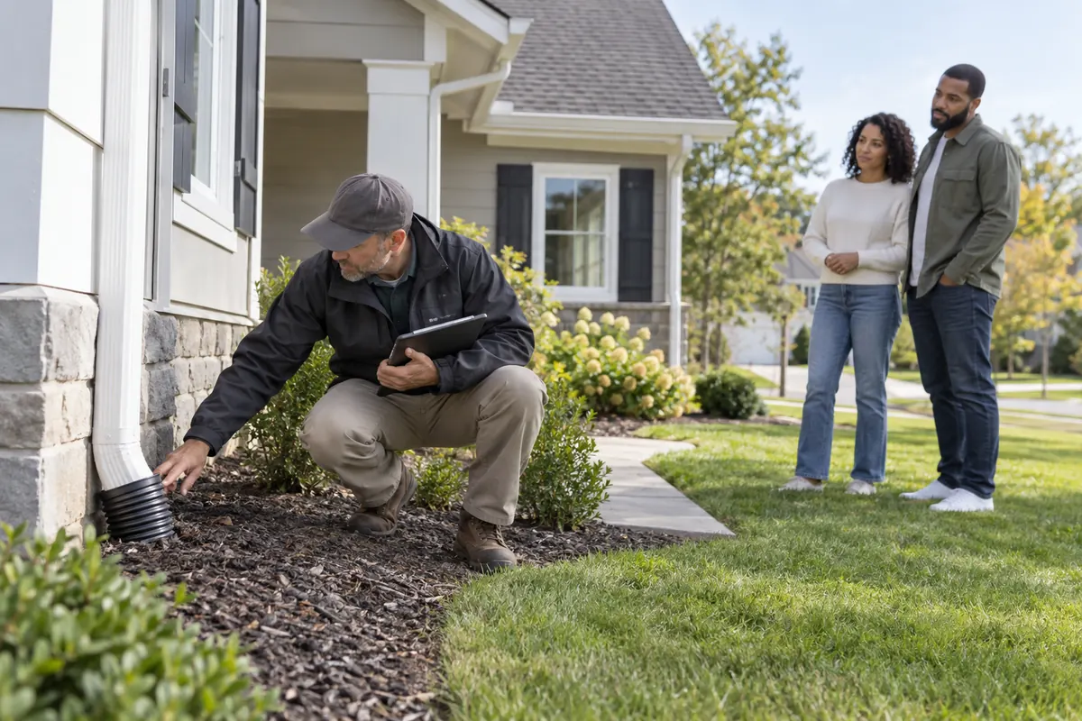 Independent inspector examining the exterior of a house with buyers