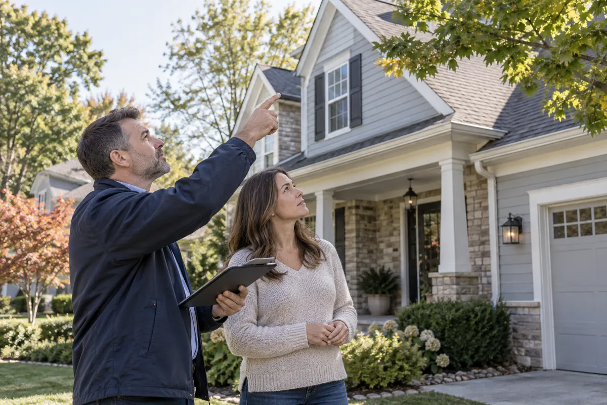 Homeowner and insurance professional assessing a house exterior