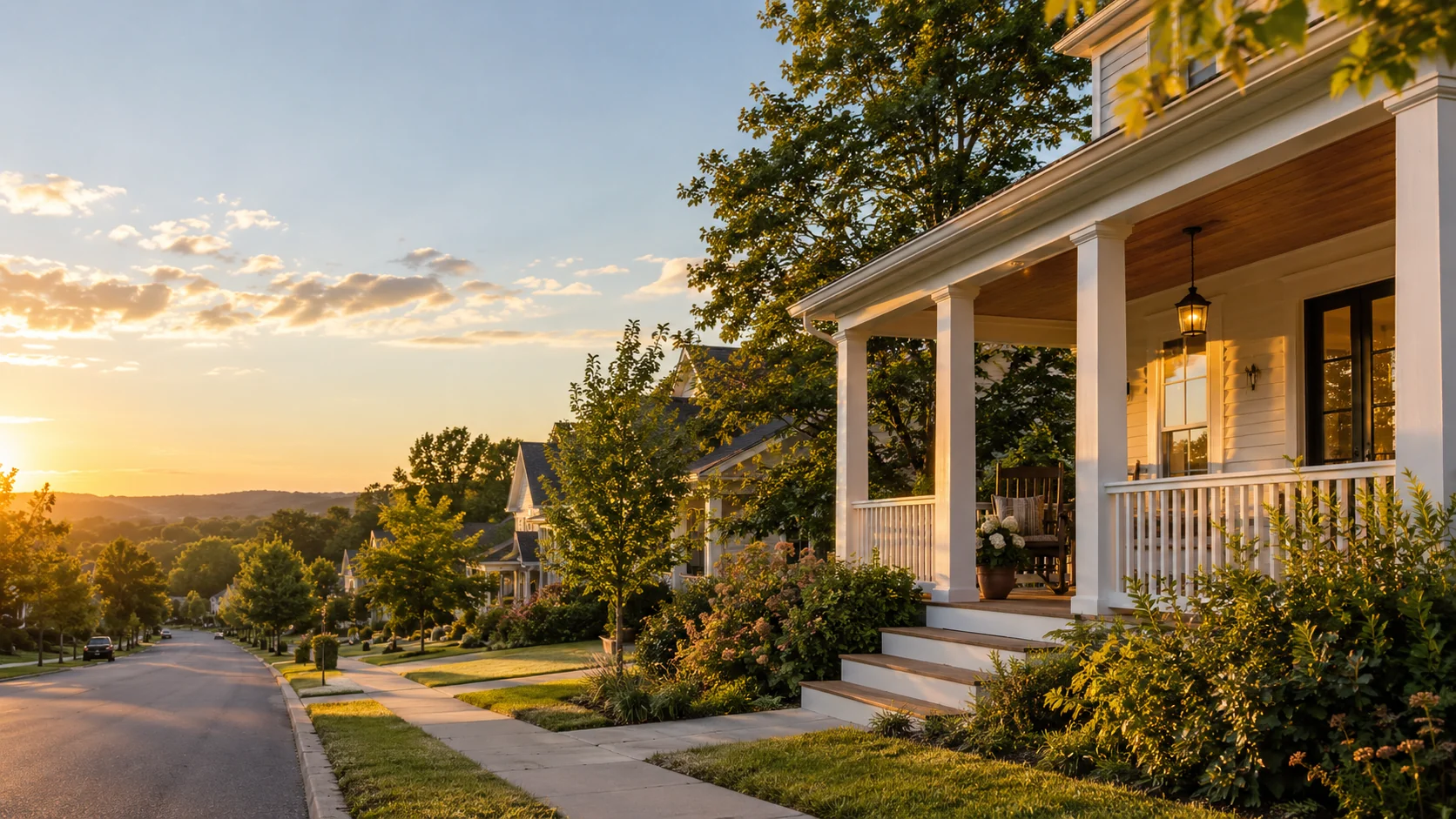 American home and leafy neighborhood at sunset