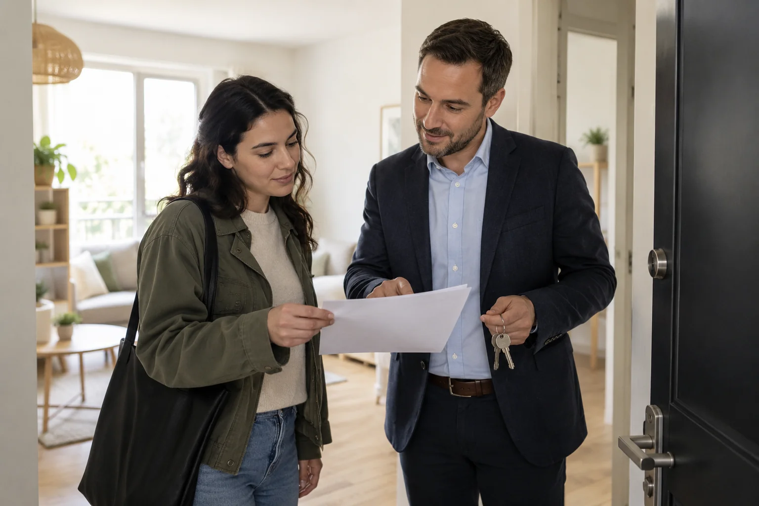 Prospective renter reviewing documents with a property manager