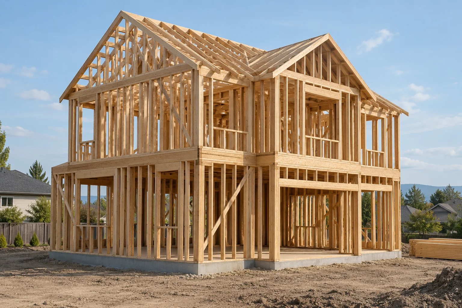 Illustrative timber-frame house under construction