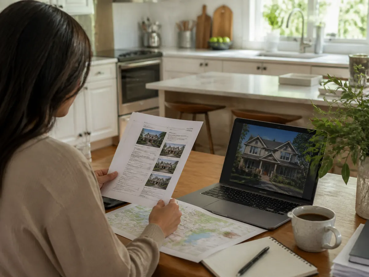 Homebuyer reviewing an inspection report and neighborhood map