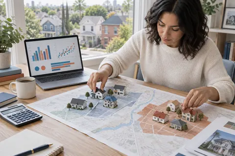 Housing analyst comparing two groups of neighborhood properties and market charts