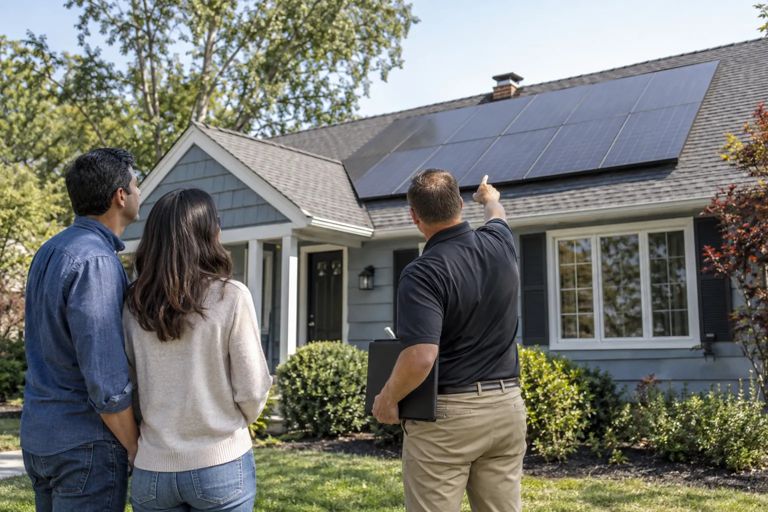 Buyers and an inspector examining rooftop solar panels on a suburban home