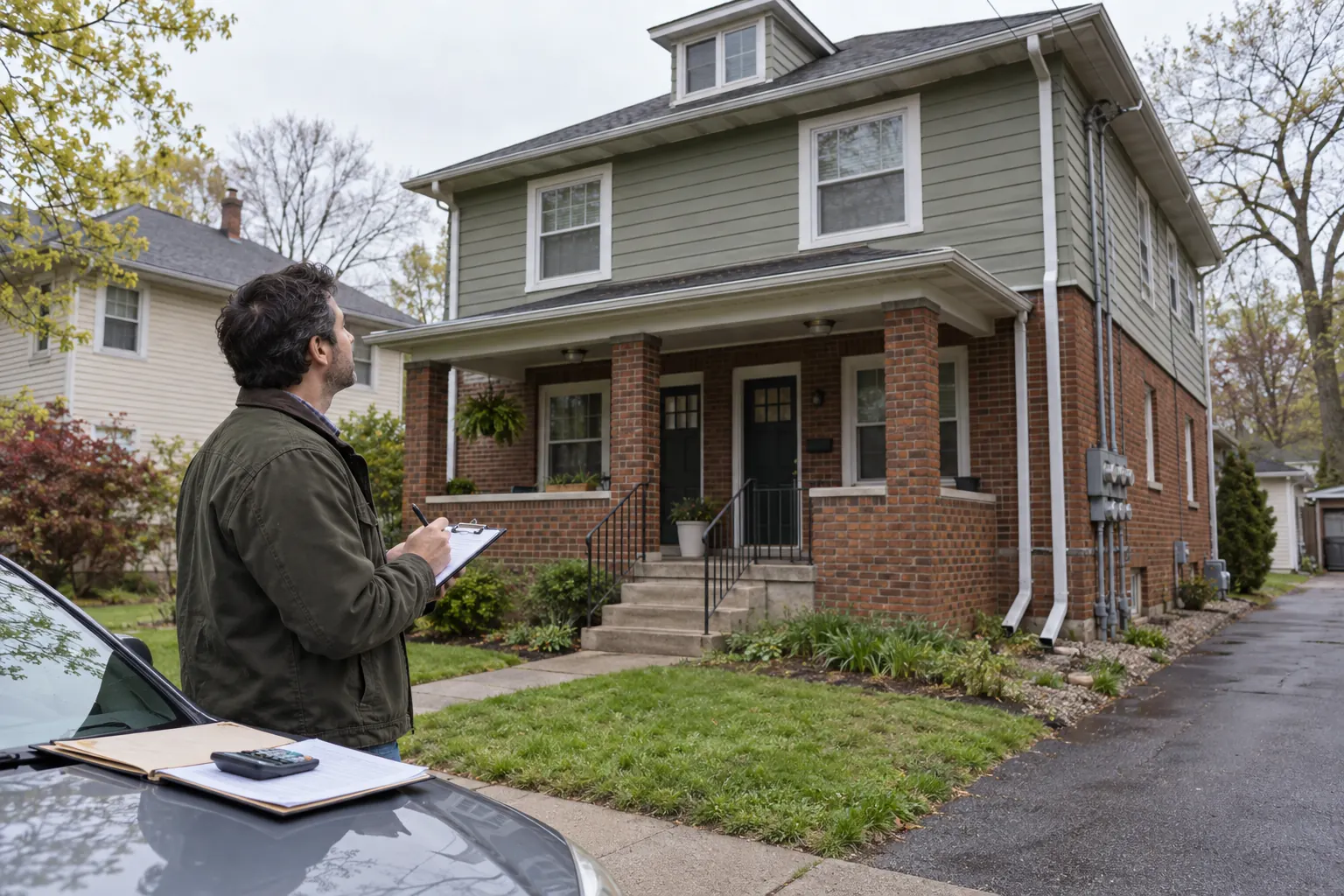 Property investor inspecting the exterior of a modest duplex