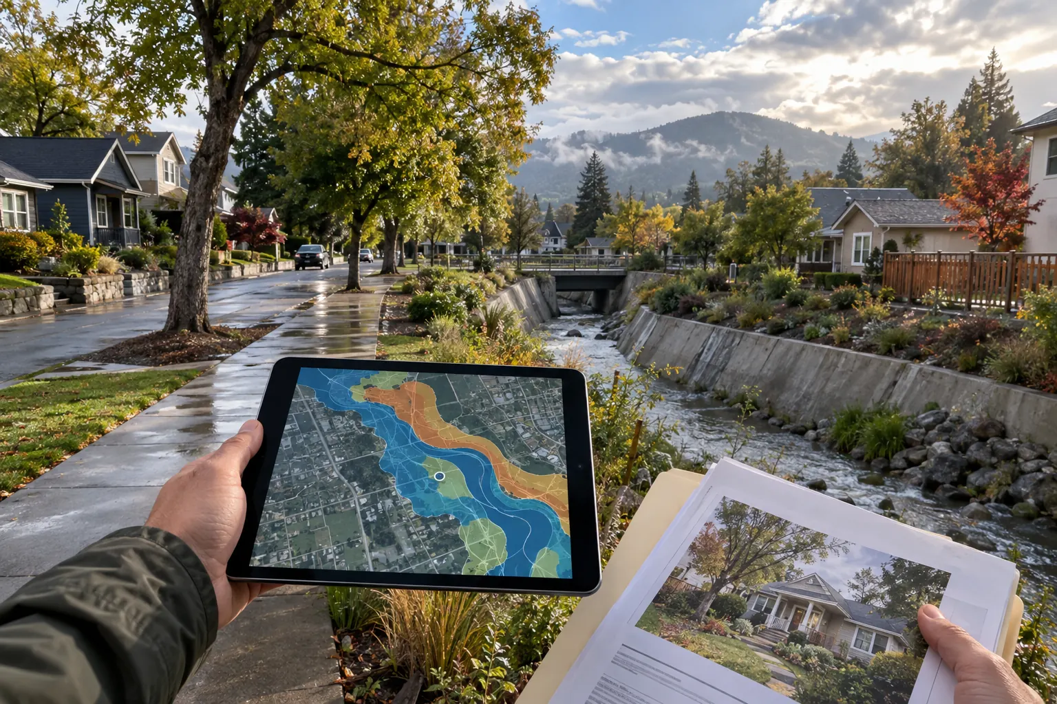 Buyer comparing a property file with a neighborhood flood-risk map after rain
