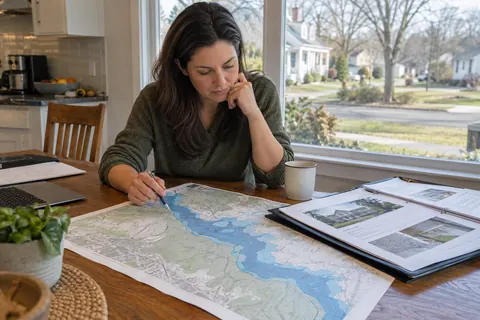 Compradora examinando un mapa de inundación y documentos de una vivienda