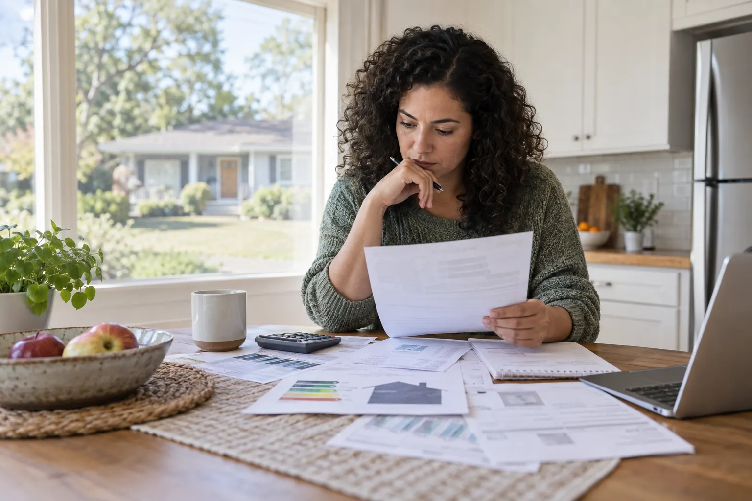 Homebuyer reviewing energy documents and utility bills at a kitchen table