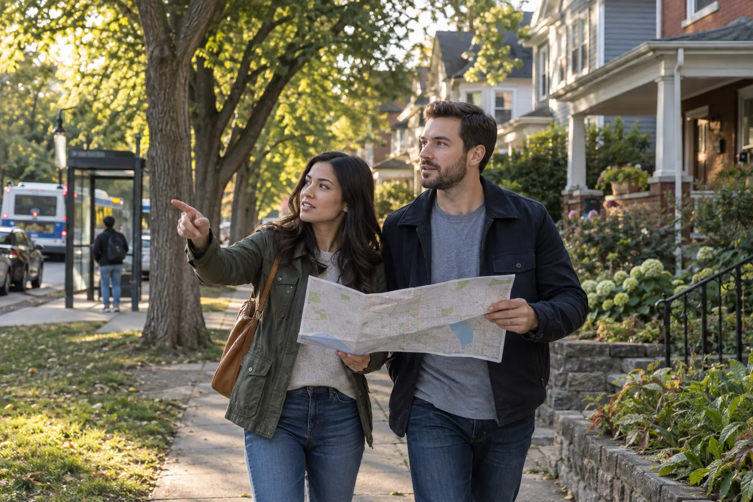 Prospective homebuyers checking a map while walking a residential neighborhood