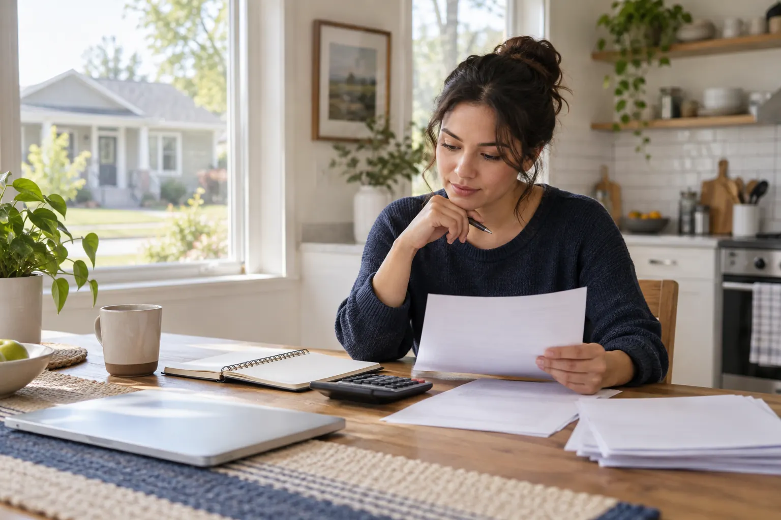 Prospective homebuyer reviewing a complete housing budget at a kitchen table