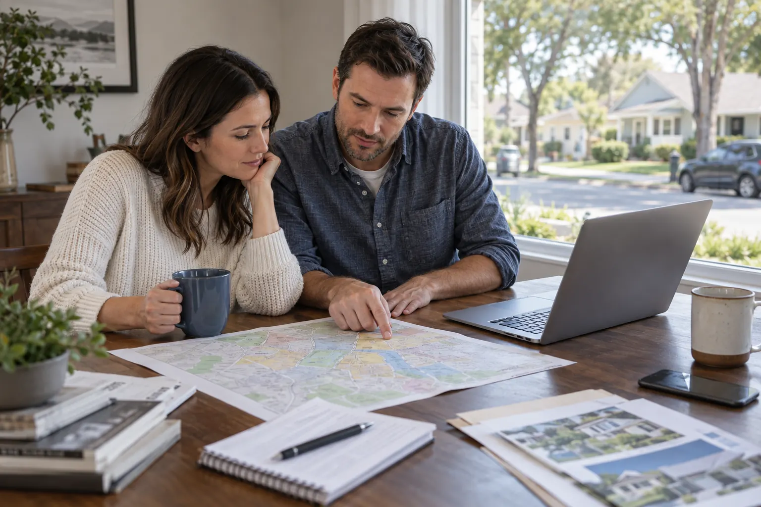 Homebuyers checking a neighborhood map and property notes at a table