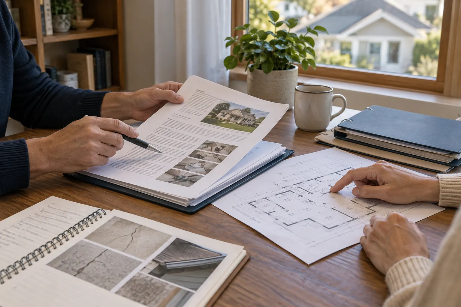 Two buyers comparing seller disclosures, plans and property-condition notes
