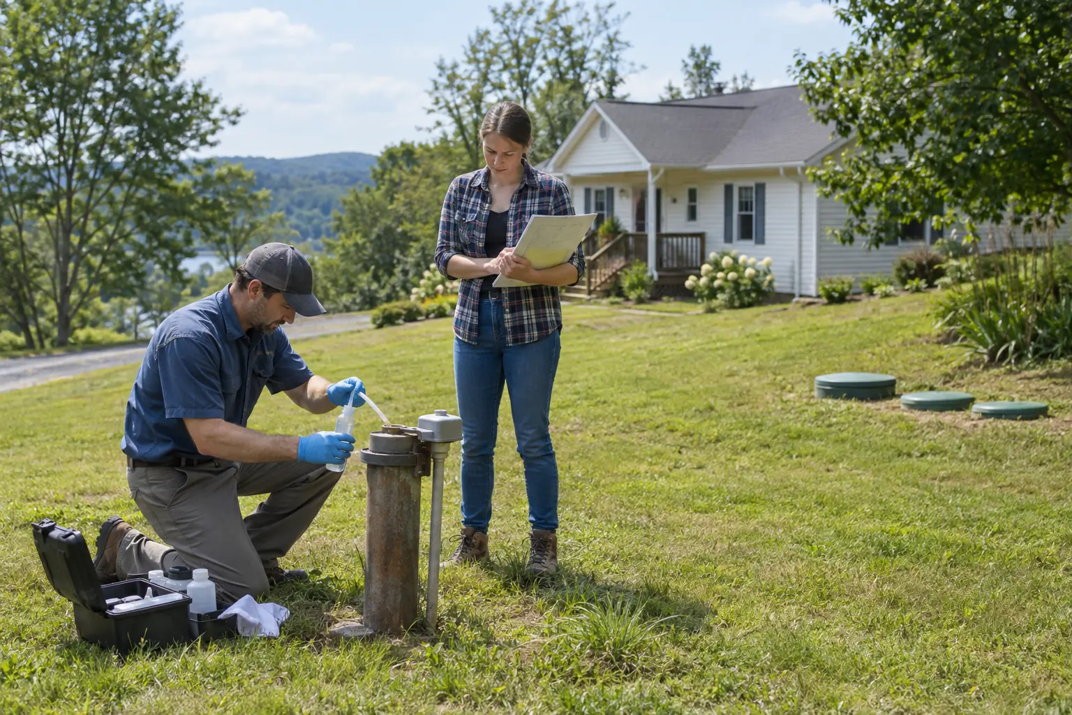 Inspector collecting a private-well water sample beside a rural home