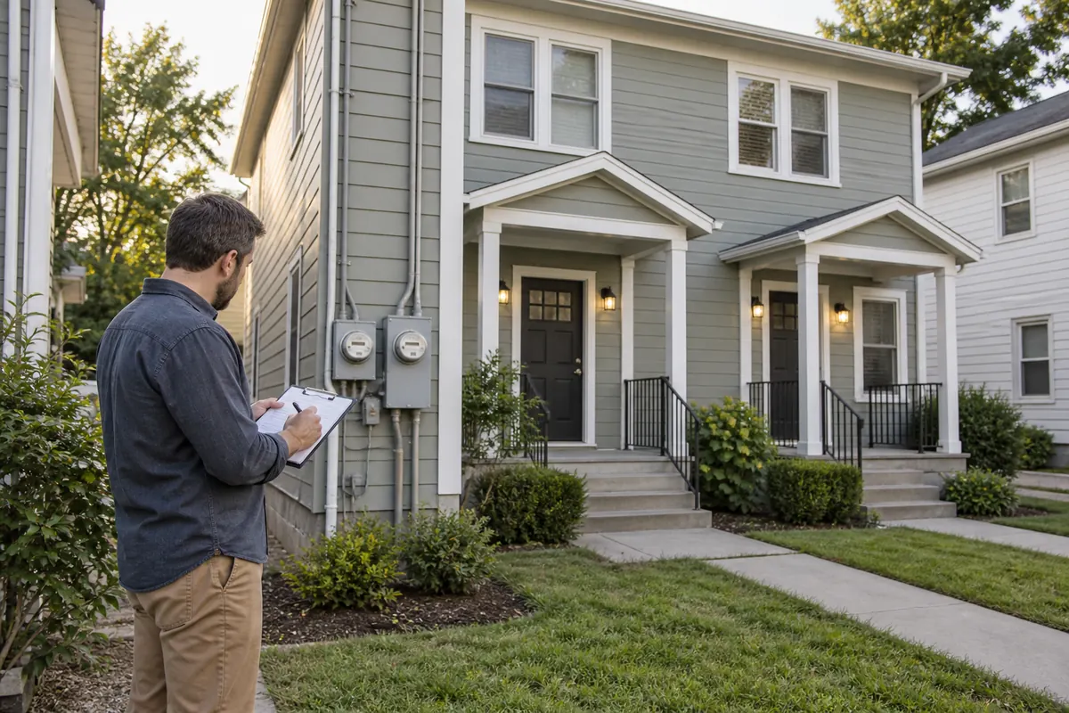 Property investor examining a modest American duplex