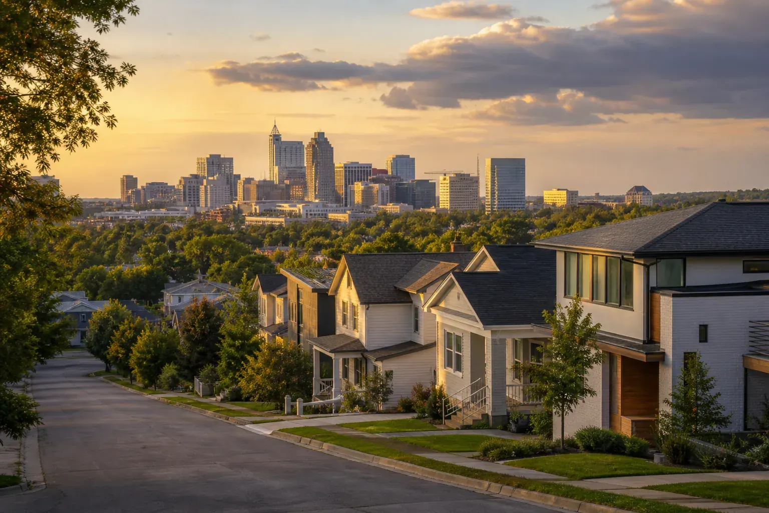 American residential neighborhood and downtown at sunset