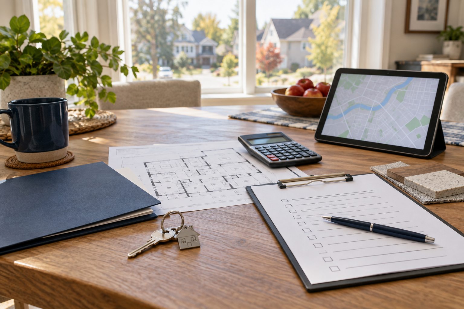Table with a floor plan, calculator, map, checklist and keys for evaluating a home